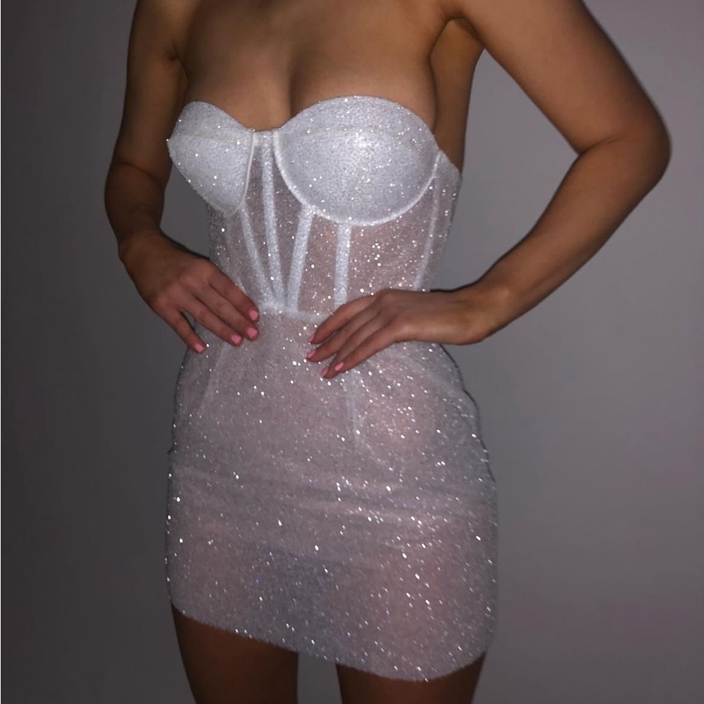 Sparkly strapless white mini dress